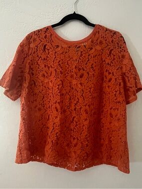 Chico's Orange Floral Lace Short Sleeve Top